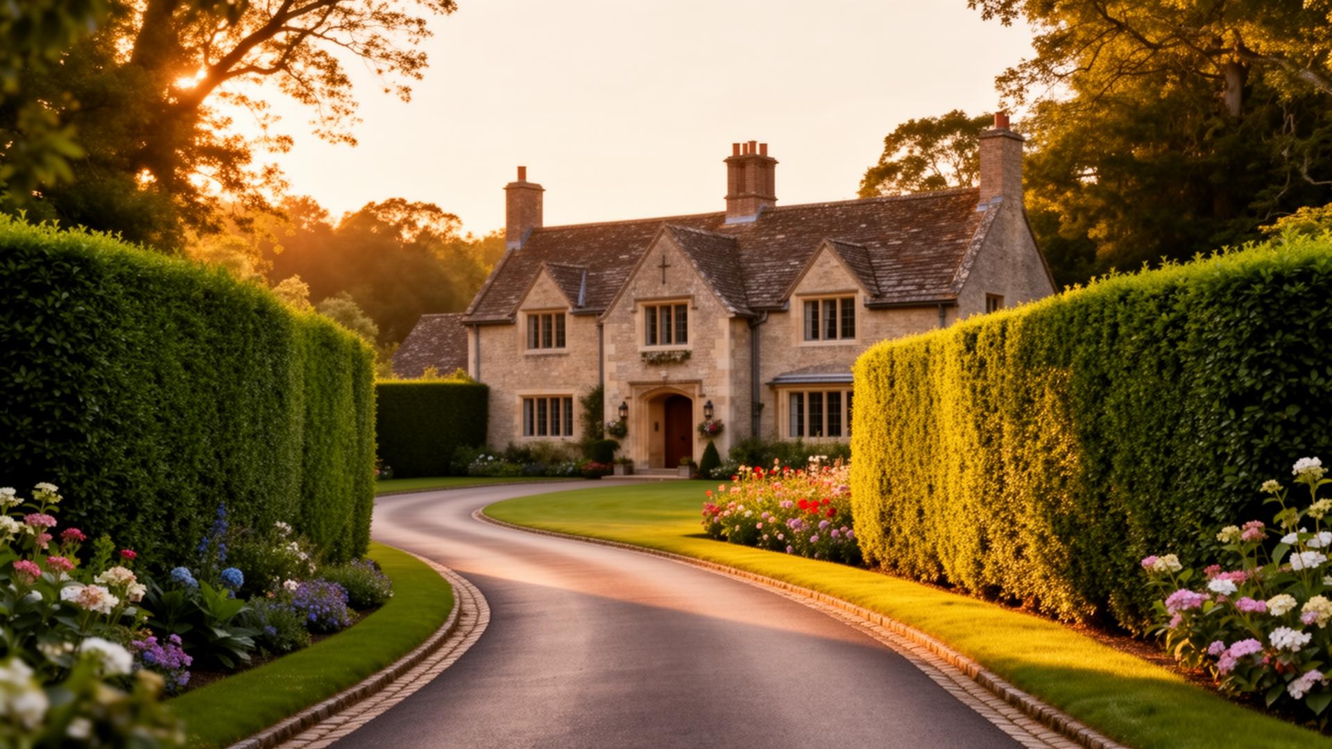 Elegant curved driveway leading to a country house at golden hour
